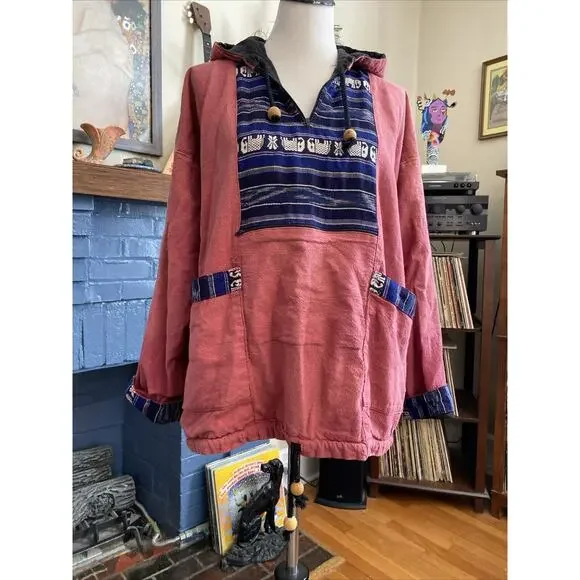 Vintage Baja Poncho Hoodie M Blanket Pullover Hippie Festival India Thailand - Picture 8 of 16